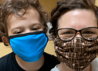 Mom and son wearing masks