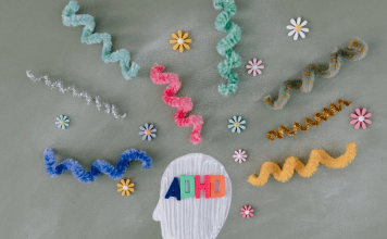 An illustration of a head with pipe cleaners coming out the top illustrating unorganized thoughts related to ADHD.