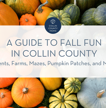 Pumpkins with text "Collin County Moms :: A guide to fall fun in Collin County :: Events, farms, mazes, pumpkin patches, and more"