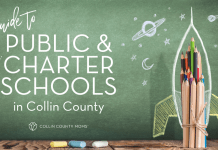 Guide to public and charter schools in Collin County with a rocket ship drawn on a chalkboard.