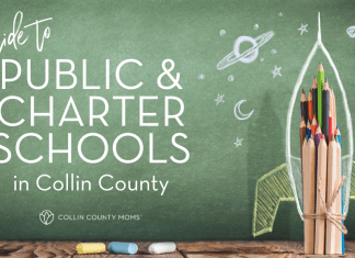 Guide to public and charter schools in Collin County with a rocket ship drawn on a chalkboard.