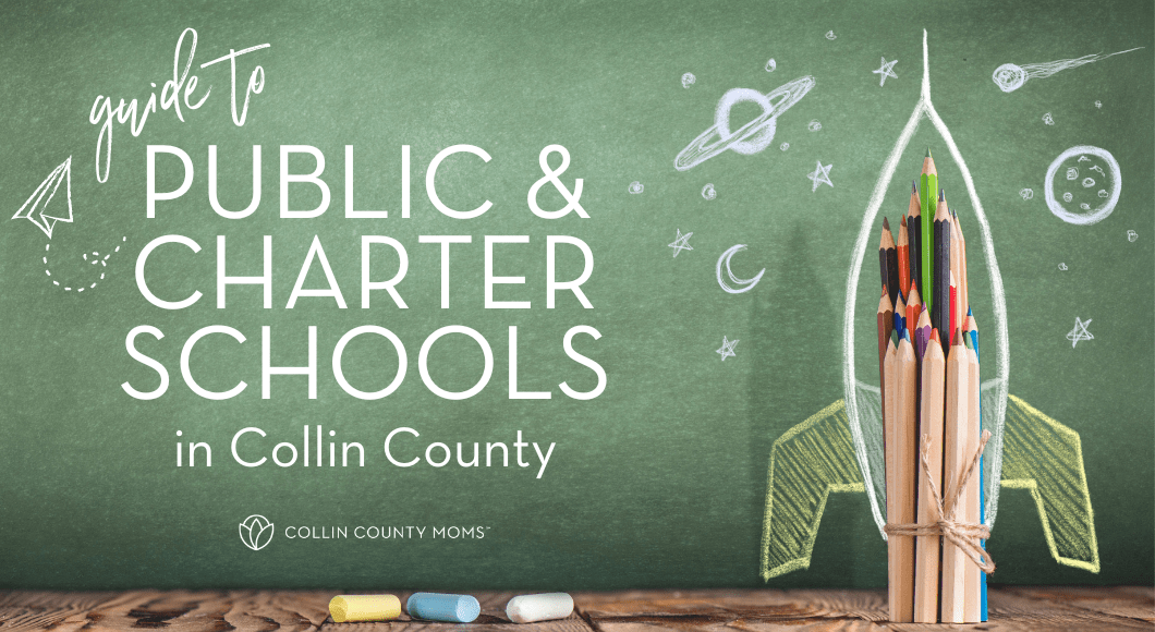 Guide to public and charter schools in Collin County with a rocket ship drawn on a chalkboard.