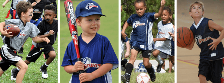 A collage of kids playing sports, such as football, baseball, soccer and basketball.