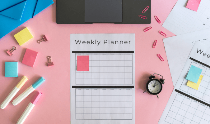 Desk with weekly planner