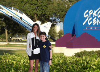 Mom and son visiting Space Center Houston
