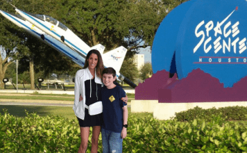 Mom and son visiting Space Center Houston