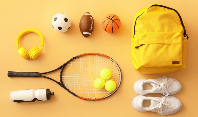 Collage of sports equipment including tennis racket, tennis balls, water bottle, shoes, backpack, headphones, soccer ball, football, and basketball.