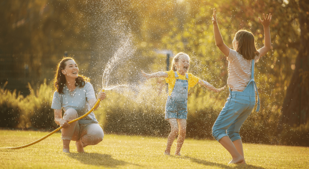 Mom sprays a water hose and her daughters play in the mist.