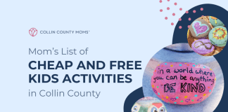 Guide to cheap and free kids activities in Collin County with a picture of a rock painted with the words "In a world where you can be anything BE KIND."