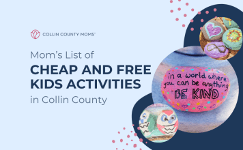 Guide to cheap and free kids activities in Collin County with a picture of a rock painted with the words "In a world where you can be anything BE KIND."