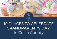 Cupcakes decorated as a graying grandma and grandpa with title "Collin County Moms 10 Places to Celebrate Grandparent's Day in Collin County."