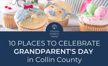 Cupcakes decorated as a graying grandma and grandpa with title "Collin County Moms 10 Places to Celebrate Grandparent's Day in Collin County."