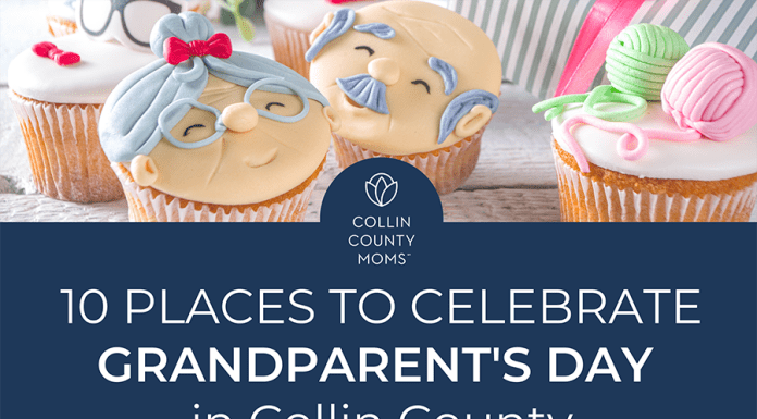 Cupcakes decorated as a graying grandma and grandpa with title "Collin County Moms 10 Places to Celebrate Grandparent's Day in Collin County."