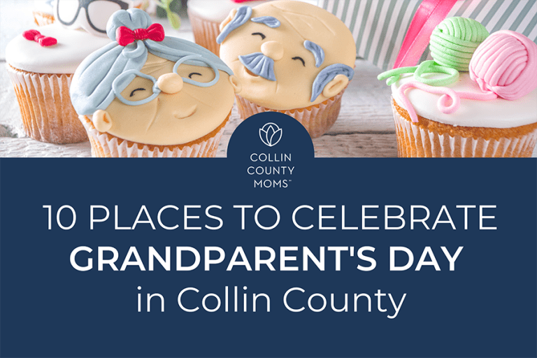 Cupcakes decorated as a graying grandma and grandpa with title "Collin County Moms 10 Places to Celebrate Grandparent's Day in Collin County."