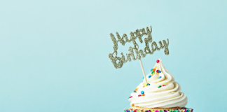 Cupcake with sprinkles and a "Happy Birthday" sign.