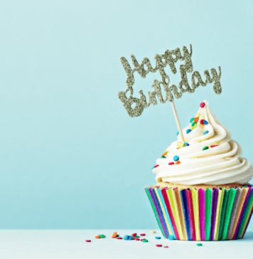 Cupcake with sprinkles and a "Happy Birthday" sign.