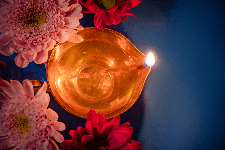 Diwali diya and flowers