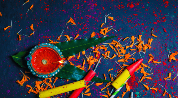 Diwali diya, confetti, and firecrackers