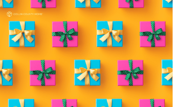 Presents wrapped in pink and blue with gold and green ribbons sit on a bright orange surface.