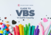 Crafting supplies: pom poms, popsicle sticks, and pipe cleaners with the title: Collin County Moms Guide to VBS in Collin County