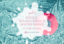 Pools, Splash Pads, and Water Parks in Collin County A pool with a pink donut floatie and the title: Guide to pools, splash pads, and water parks in Collin County.